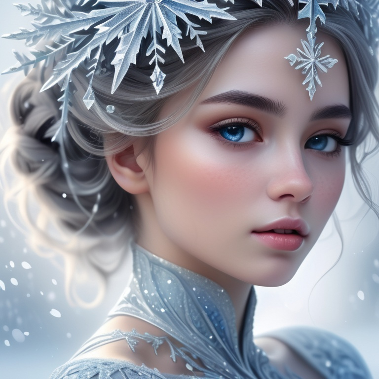 Prompt: (ice queen), ethereal beauty, glistening ice crystals, flowing icy gown, detailed ornate crown, frosty blue and silver tones, sparkling snowflakes in the air, majestic winter landscape, enchanting atmosphere, bright white light contrasts with cool shades, high detail, ultra-detailed, 4K quality, captivating and magical ambiance.