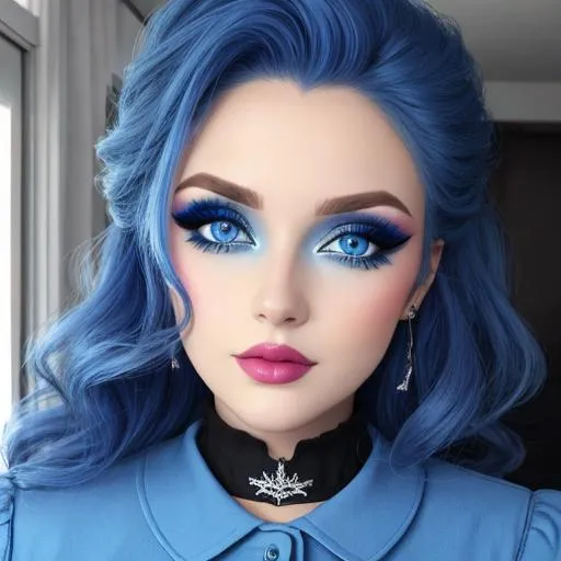 Prompt: A woman all in blue, blue eyes, pretty makeup