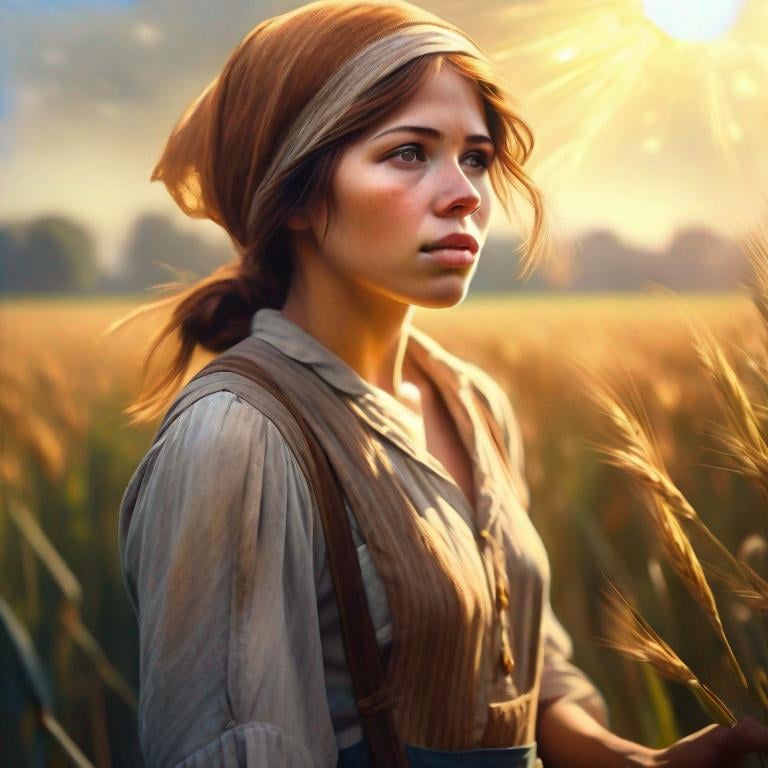 Prompt: An ethereal highly detailed painting of a very beautiful very poor 1920's migrant worker woman, tattered clothes, perfect complexion, gorgeous clean face,
straight auburn hair, award-winning,  Cinematic fantasy atmosphere, farm field, hot sun, cgi, artgerm