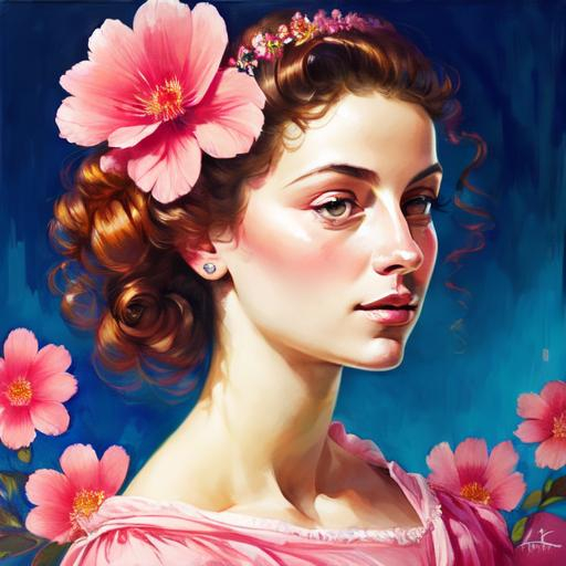 Prompt: a beautiful woman , lots of pretty pink flowers