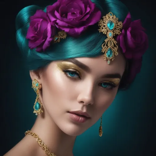 Prompt: <mymodel>Teal and gold beauty, elegant jewelry, luxurious makeup, high quality, vivid colors, realistic rendering, sophisticated design, shimmering details, glamorous lighting, exquisite textures, ultra-detailed, jewelry photography, professional, elegant, luxurious, teal and gold, vibrant lighting