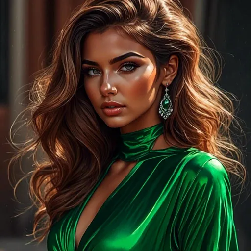 Prompt: <mymodel>Detailed illustration of a woman in vibrant green attire, large vivid green eyes, elegant makeup, digital painting, high resolution, realistic style, vibrant green, professional lighting