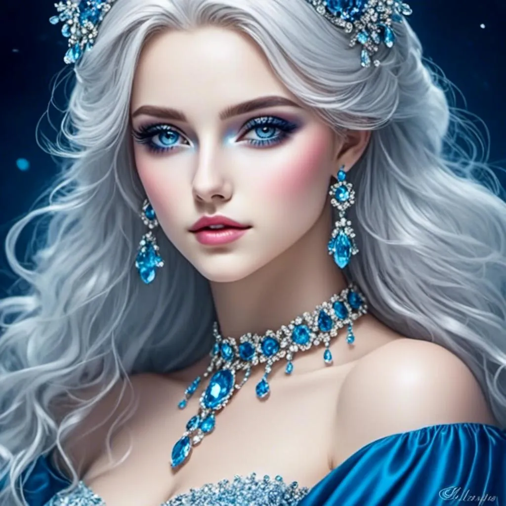 Prompt: <mymodel>A beautiful woman, white hair, blue eyes, blue eyeshadow, blue jewels o