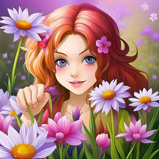 Prompt: a fairy of spring, ,wildflowers, vivid colors, closeup