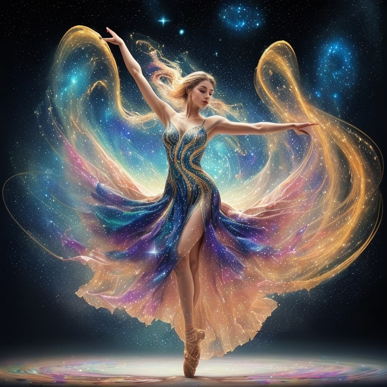 Prompt: a stunning depiction of a dancer whose flowing movements create beautiful, swirling galaxies. The dancer's form and dress are painted with stars and cosmic dust, illustrating the harmony between human expression and the universe. Light background 