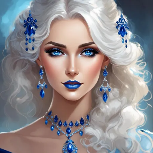 Prompt: <mymodel>A beautiful woman, white hair, blue eyes, blue eyeshadow, blue jewels on forehead