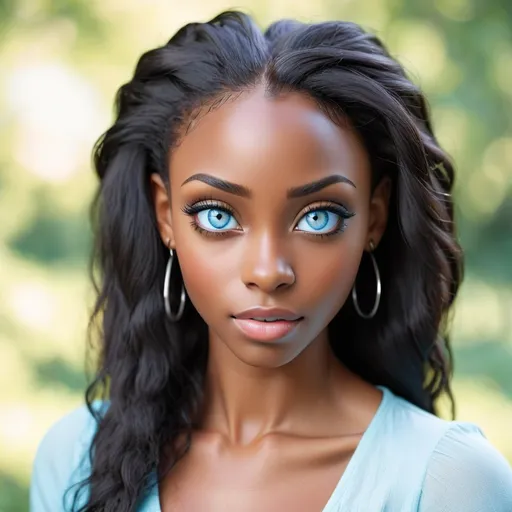 Prompt: Pretty black woman with very light blue eyes