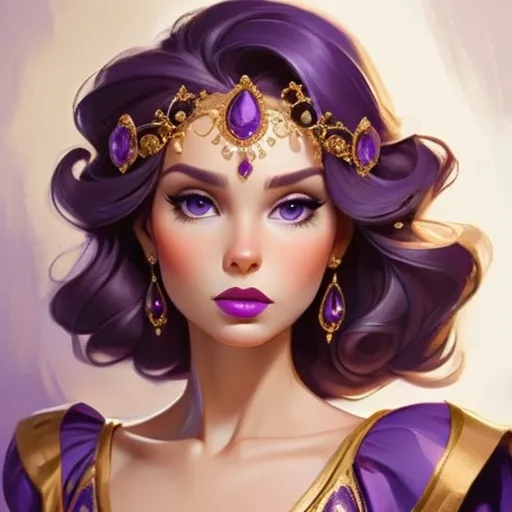 Prompt: Elegant lady in colors of purple and gold