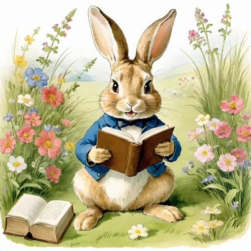 Prompt: a rabbit reading a book while sitting in the grass with flowers around it's feet and eyes open, Beatrix Potter, art & language, storybook illustration, a storybook illustration