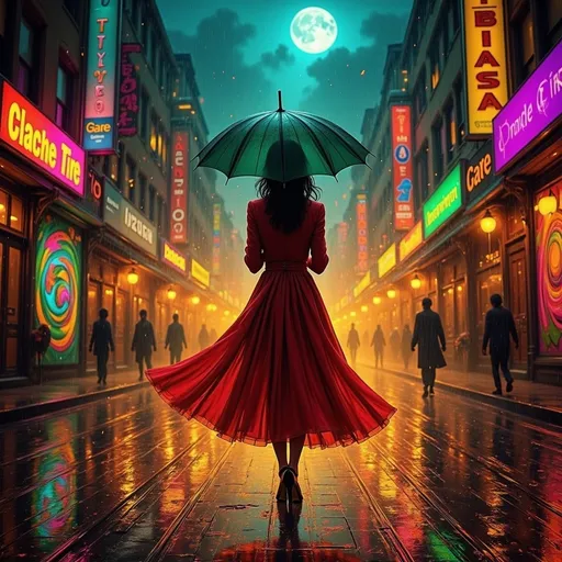 Prompt: In a vibrant, bustling city street drenched in the afterglow of a recent rainstorm, a woman stands poised with an elegant, deep emerald umbrella, her expression one of serene confidence. The golden glow of streetlights casts long shadows, illuminating the slick pavement that reflects a kaleidoscope of colors. Raindrops cling to the edges of her umbrella and glisten like tiny jewels, while soft mist curls around her feet, adding a dreamlike quality to the scene. She wears a flowing, crimson coat that dances gracefully with the breeze, creating a striking contrast against the muted backdrop of the city. Above her, dark clouds part just enough to let the moonlight spill through, highlighting her determined gaze as she walks forward, embodying strength and grace. The mood is cinematic and evocative, resembling a scene from a classic film.