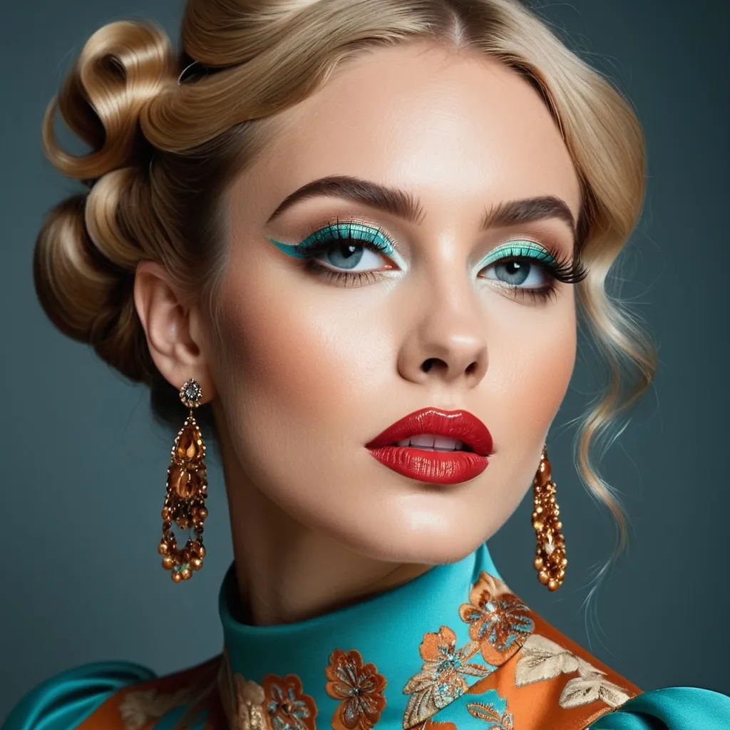 Prompt: Haute couture model in a retro 1970s outfit, retro hair style, elegant and sophisticated full body pose, luxurious fabric with rich textures, high-end fashion photography