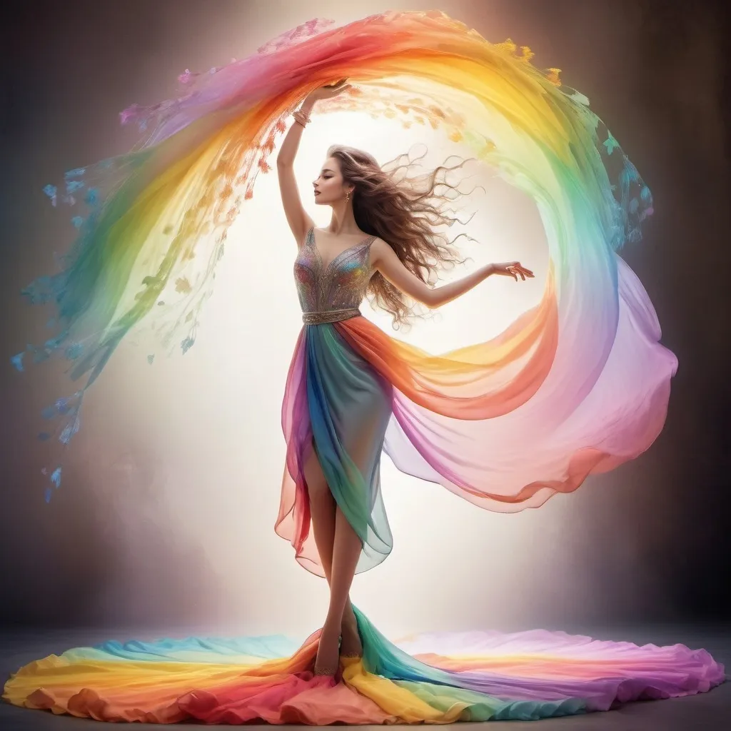 Prompt: (elegant lady), graceful pose, vivid (colors of the rainbow), flowing attire, chic accessories, soft and dreamy ambiance, radiating a sense of joy, ultra-detailed, ambient lighting, romantic atmosphere, intricate patterns, harmonious blend of hues, beautifully flowing hair, serene expression, enchanting background bursting with color, high-quality rendering.