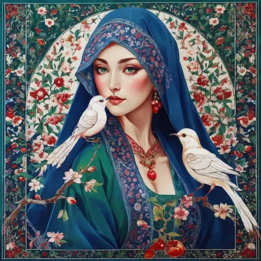 Prompt: A colorful design in the dimensions of 140x140 centimeters, its main theme is white and red, there are pomegranates and cherry blossoms in it, and some green leaves and branches and traditional Iranian designs are used, and there are small birds in it.