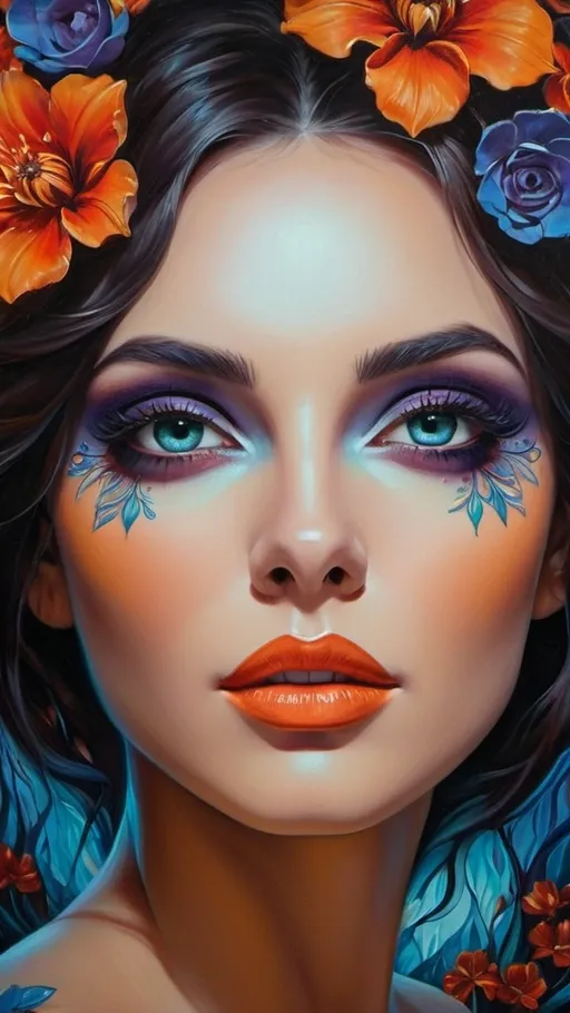 Prompt: Beautiful  hybrid woman with flowers sprouting from her, oil painting, detailed fiery eyes, ethereal glow, dark and mysterious, high quality, vibrant colors, surreal, haunting, intricate floral details, intense gaze, mystical atmosphere, oil painting, demon, hybrid, fiery eyes, ethereal, vibrant colors, surreal, haunting, floral details, intense gaze, mystical atmosphere