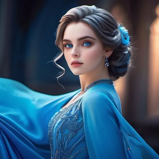 Prompt: (A woman all in blue), striking blue eyes, glamorous makeup, gently flowing blue attire, soft textures, (vibrant cool tones), alluring pose, intricate hairstyle, subtle highlights, (elegant ambiance), dreamy atmospheric background with gentle lighting, high detail, artfully capturing the elegance and beauty, showcasing depth and character, (ultra-detailed HD).