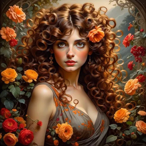 Prompt: <mymodel>Nataasha-Beautiful woman with flowers, oil painting, detailed fiery eyes, ethereal glow, dark and mysterious, high quality, vibrant colors, surreal, haunting, intricate floral details, intense gaze, mystical atmosphere, oil painting, demon, hybrid, fiery eyes, ethereal, vibrant colors, surreal, haunting, floral details, intense gaze, mystical atmosphere