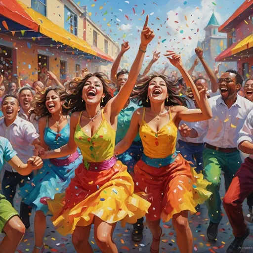 Prompt: Joyous celebration in a vibrant carnival, lively and colorful, oil painting, confetti-filled air, cheerful crowd, dynamic brushstrokes, high energy, festive atmosphere, vibrant colors, lively characters, dynamic composition, carnival art, oil painting, 4k, ultra-detailed, vibrant, dynamic brushstrokes, lively, festive, colorful, high energy, oil painting, dynamic composition