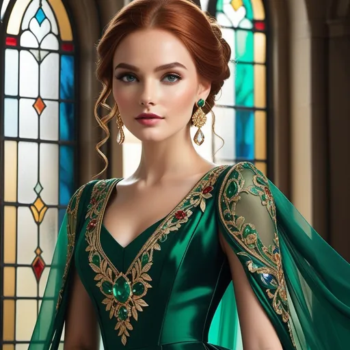 Prompt: A striking figure stands confidently in an elegant emerald gown that gracefully cascades around her, adorned with intricate details and a deep, rich color that evokes a sense of royalty. Her luscious, flowing red hair frames a beautifully composed face, accentuated by bold makeup and elegant jewelry, including large earrings that catch the light. The background reveals a stunning array of stained glass windows, infused with vibrant hues of green, blue, and gold, which add an ethereal glow to the scene. The composition emphasizes her as the focal point, beautifully merging the delicate design of her attire with the artistry of the backdrop, creating a mood of enchanting sophistication and allure that draws the viewer in. The overall impression is one of elegance and timeless beauty, suggesting a narrative filled with mystery and glamour.