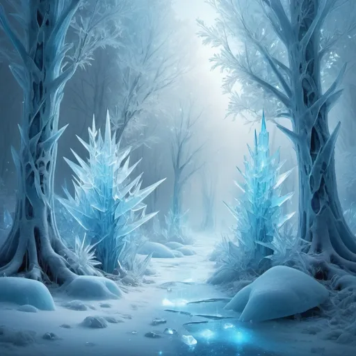 Prompt: Icy blue digital painting of a mystical frozen forest, sparkling snowflakes, ethereal ice sculptures, high quality, surreal, dreamy, icy blue tones, glowing crystals, magical lighting
