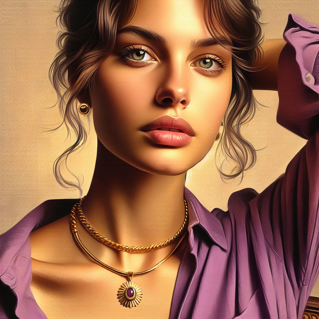 Prompt: <m a woman wearing a purple shirt and a gold necklace , Edwin Georgi, photorealism, highly detailed digital painting, a photorealistic painting