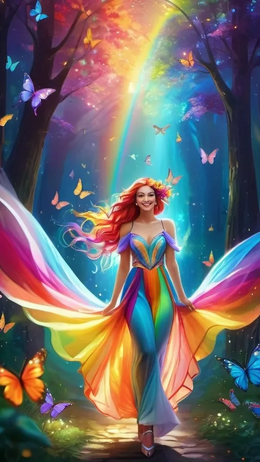 Prompt: (rainbow lady), vibrant colors, flowing multicolored hair, whimsical attire accentuated with geometric patterns, ethereal background with swirling hues, uplifting atmosphere, enchanting smile, surrounded by luminous butterflies, sparkling light effusions, magical feel, (4K), ultra-detailed, captivating composition, cheerful mood, reminiscent of a fairytale.