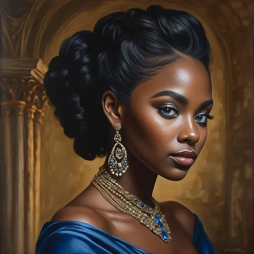 Prompt: <mymodel>Highly realistic oil painting of an elegant black woman, mesmerizing striking blue eyes, regal posture, intricate braided hair, rich and warm skin tones, luxurious velvet gown, detailed jewelry, classic portrait style, impeccable lighting, high quality, ultra-realistic, oil painting, regal, detailed eyes, elegant, warm tones, luxurious, classic portrait, professional lighting