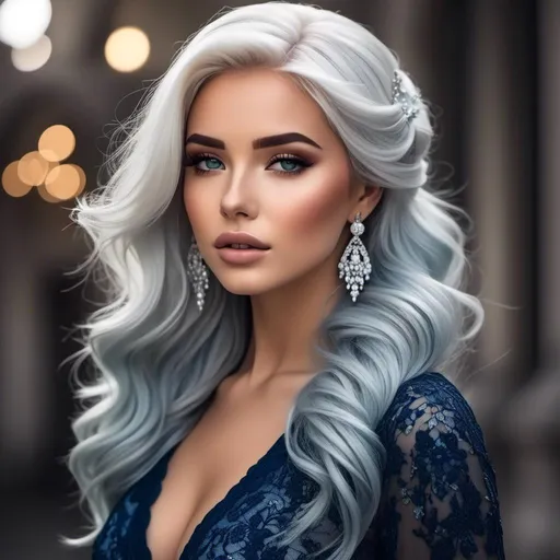 Prompt: <mymodel>A beautiful woman, snow white hair with pastel highlights, frosty blue eyes, blue eyeshadow, blue jewels on forehead