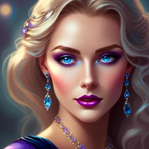 Prompt: <mymodel>Beautiful ethereal woman, long blonde hair,and icy blue eyes color, purple lipstick, facial closeup