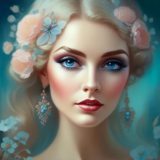 Prompt: <mymodel>beautiful woman, ethereal,dreamscape,, pale blue colors, flowers, closeup