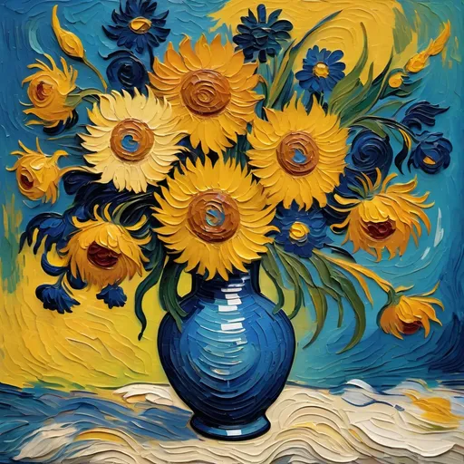 Prompt: Vase of flowers, inspired by Van Gogh, bold brush strokes, swirling vibrant colors, rich yellows and deep blues, expressive textures, dramatic play of light, harmonious composition, evocative atmosphere, reminiscent of a tranquil floral still life, impressionistic style, emphasizes beauty of nature, ultra-detailed, 4K quality resolution, perfect for art lovers and collectors.