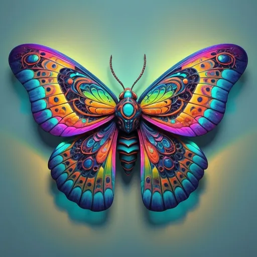 Prompt: Vibrant, colorful moth with intricate wing patterns, high quality, detailed, 3D rendering, surreal, neon colors, glowing bioluminescent markings, lush and vivid environment, mesmerizing, fantasy, iridescent, neon, detailed wings, surreal lighting