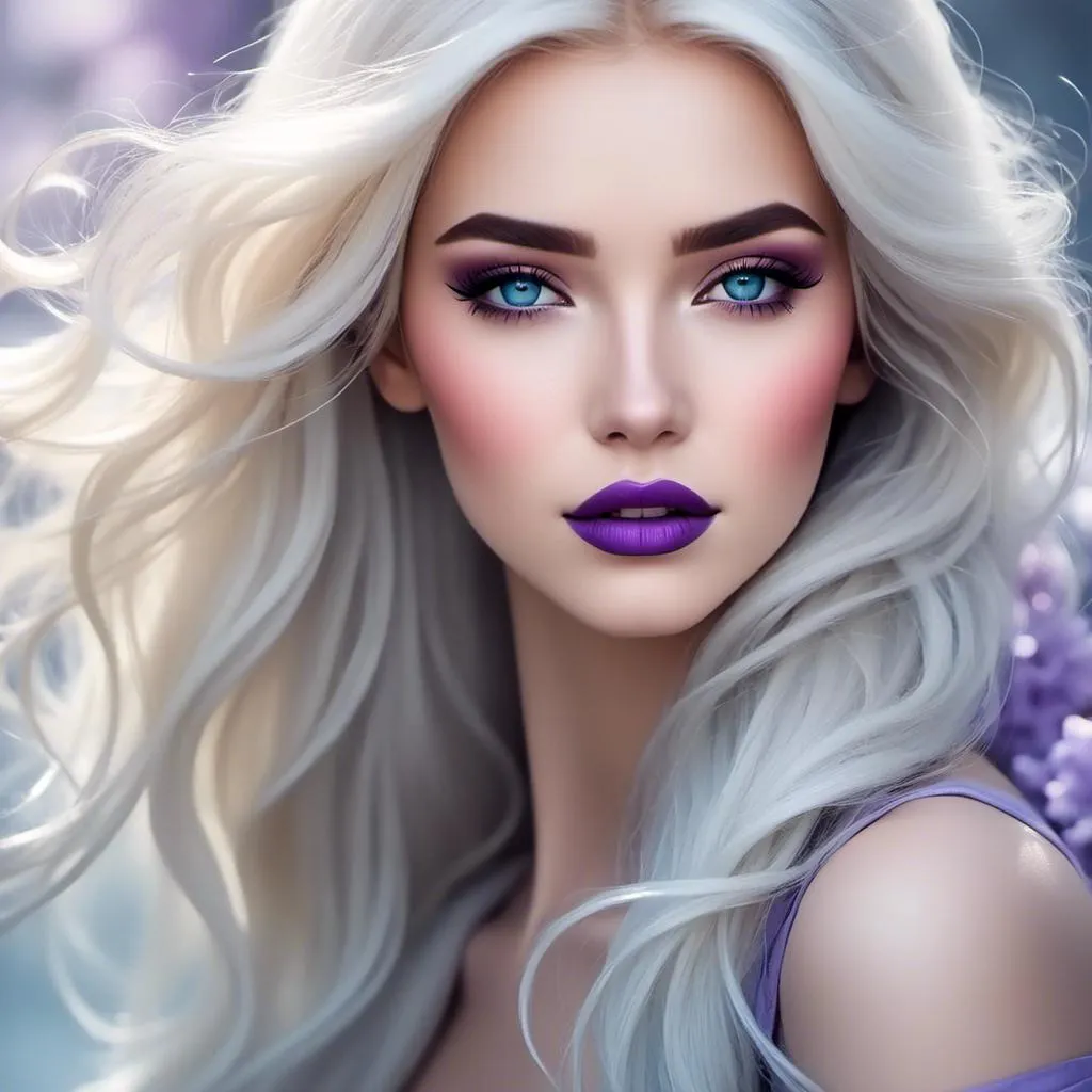 Prompt: <mymodel>Beautiful ethereal woman, long blonde hair,and icy blue eyes color, purple lipstick, facial closeup