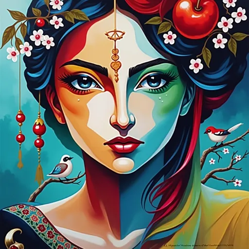 Prompt: a painting of a woman with a blue veil and a cherry tree branch in her hand and a bird on her shoulder, Anne Stokes, qajar art, highly detailed oil painting, a detailed painting