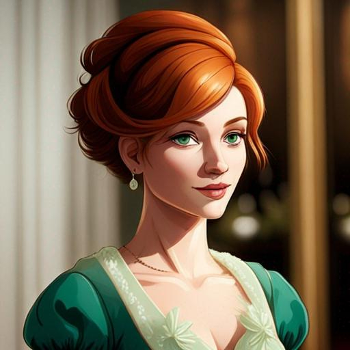 Prompt: Elegantly dressed lady,  emerald evening gown, ginger hair in an uodo, pretty makeup, facial closeup, in a cartoon style