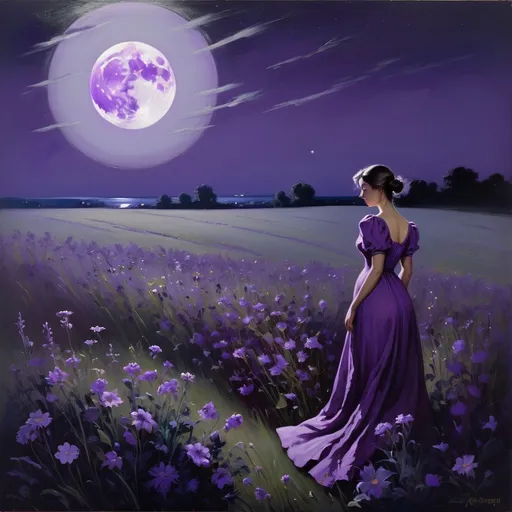 Prompt: a painting of a woman in a purple dress in a field of flowers at night with a full moon, Edwin Georgi, neo-romanticism, purple, a fine art painting