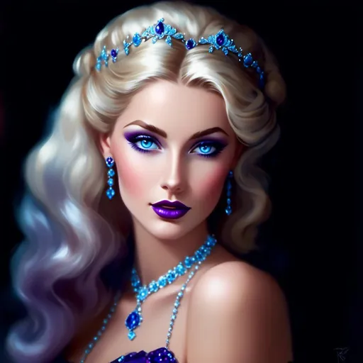 Prompt: <mymodel>Beautiful ethereal woman, long blonde hair,and icy blue eyes color, purple lipstick, facial closeup