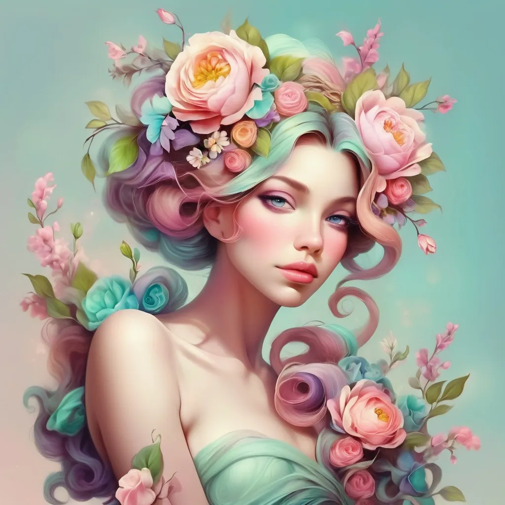 Prompt: Beautiful creation, woman with flowers in her hair, pastel colors