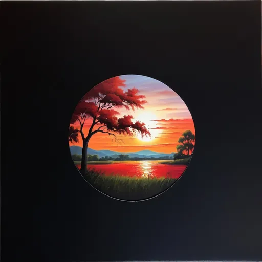 Prompt: Red sunset landscape, oil painting, vibrant colors, fine details, high-quality, realistic, warm tones, dramatic lighting, expansive horizon, silhouettes of trees, serene atmosphere