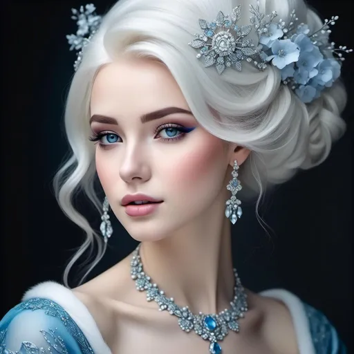 Prompt: <mymodel>High-res digital painting of a beautiful woman with snow white hair and pastel highlights, frosty blue eyes, blue eyeshadow, and blue jewels on her forehead, ethereal fantasy style, cool tones, soft and magical lighting, detailed facial features, professional, elegant, high quality