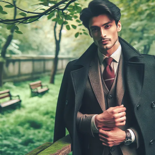 Prompt: a man with a tie and a coat on posing for a picture in a park with trees in the background, Edward Clark, neoclassicism, promotional image, a character portrait