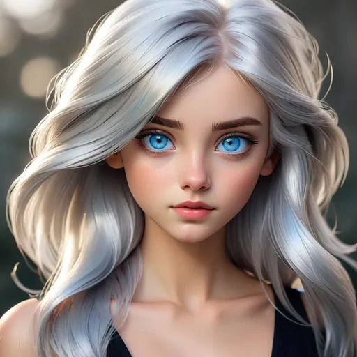 Prompt:  girl with shiny silver hair and blue eyes