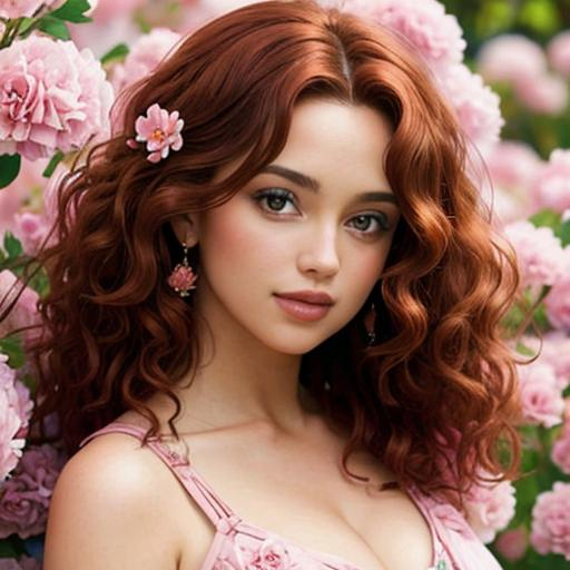 Prompt: a beautiful woman , auburn curly hair, lots of pretty pink flowers