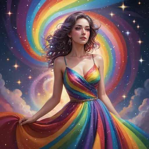 Prompt: a woman in a colorful dress with a rainbow swirl background and stars in the sky behind her is a star - filled sky, Artgerm, fantasy art, highly detailed digital painting, an ultrafine detailed painting