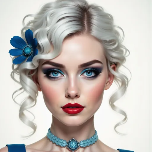 Prompt: a woman with white hair and a blue dress with a blue flower in her hair and a blue necklace, Edwin Georgi, fantasy art, highly detailed digital painting, an art deco painting