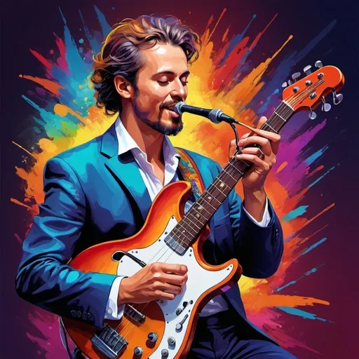 Prompt: Vibrant digital illustration of a charismatic musician, dynamic composition, rich and vibrant color palette, energetic performance, detailed musical instruments, high quality, digital art, vibrant colors, dynamic composition, musical instruments, energetic performance, charismatic musician, vibrant color palette, detailed, professional lighting