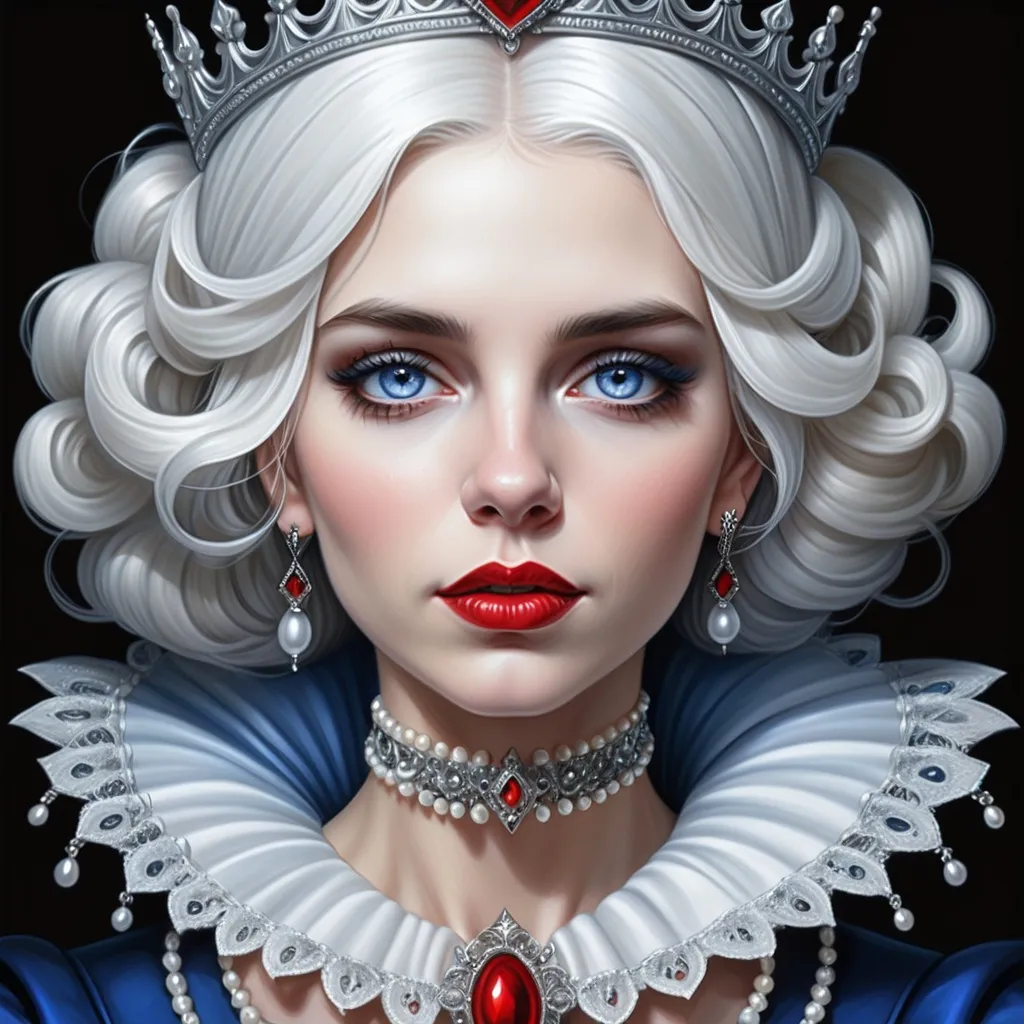 Prompt: a woman with  white hair,  large blue eyes, a tiara and pearls on her head and a red lip and a blue dress with a red and white collar, Anne Stokes, gothic art, highly detailed digital painting, a detailed painting