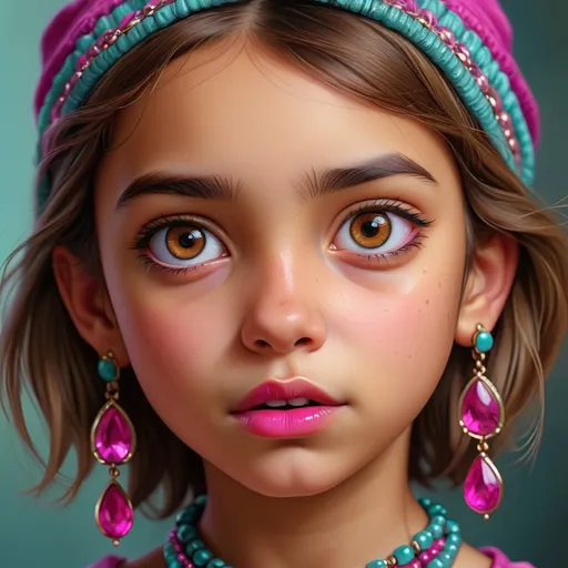 Prompt: Detailed realistic digital portrait of a young girl, brown eyes, magenta jewelry