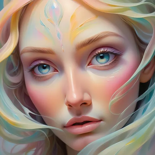 Prompt: Ethereal oil painting of a serene goddess, flowing pastel brushstrokes, surreal ethereal beauty, divine radiance, high quality, oil painting, serene beauty, pastel tones, soft lighting