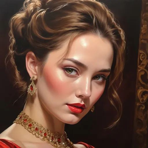 Prompt: <mymodel>Realistic oil painting of a powerful and elegant woman, flowing red gown, intricate jewelry, captivating gaze, detailed facial features, high quality, realistic, oil painting, elegant, flowing gown, powerful, captivating gaze, detailed facial features, intricate jewelry, professional lighting