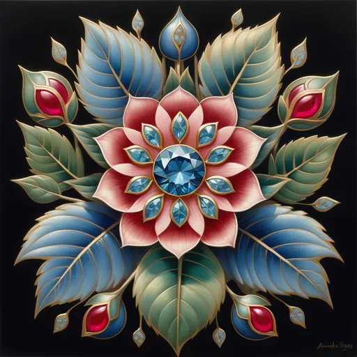 Prompt: a painting of a flower with leaves and a ruby stone in the center of the flower is a blue diamond, Amanda Sage, cloisonnism, in gouache detailed paintings, an airbrush painting